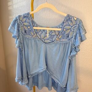 Free People Hailey Light Blue Embroidered Flutter Sleeve Tank